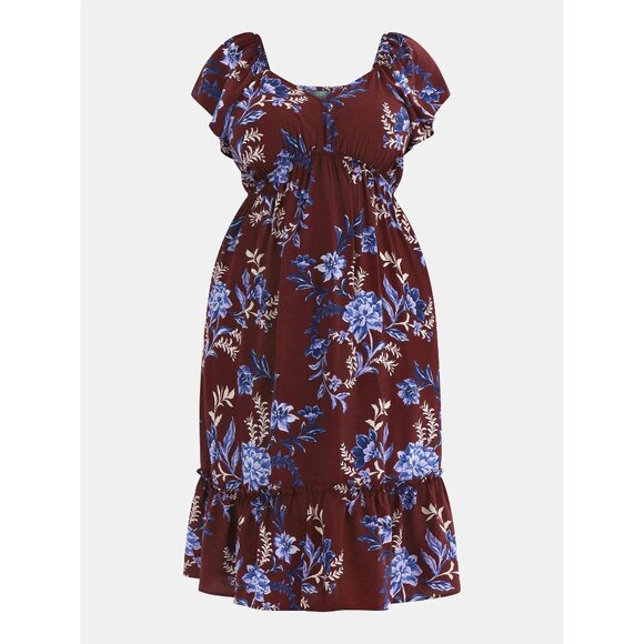 Terra & Sky Women's Plus Flutter Sleeve Midi Tiered Dress Maroon Floral Size 3X - Picture 7 of 15